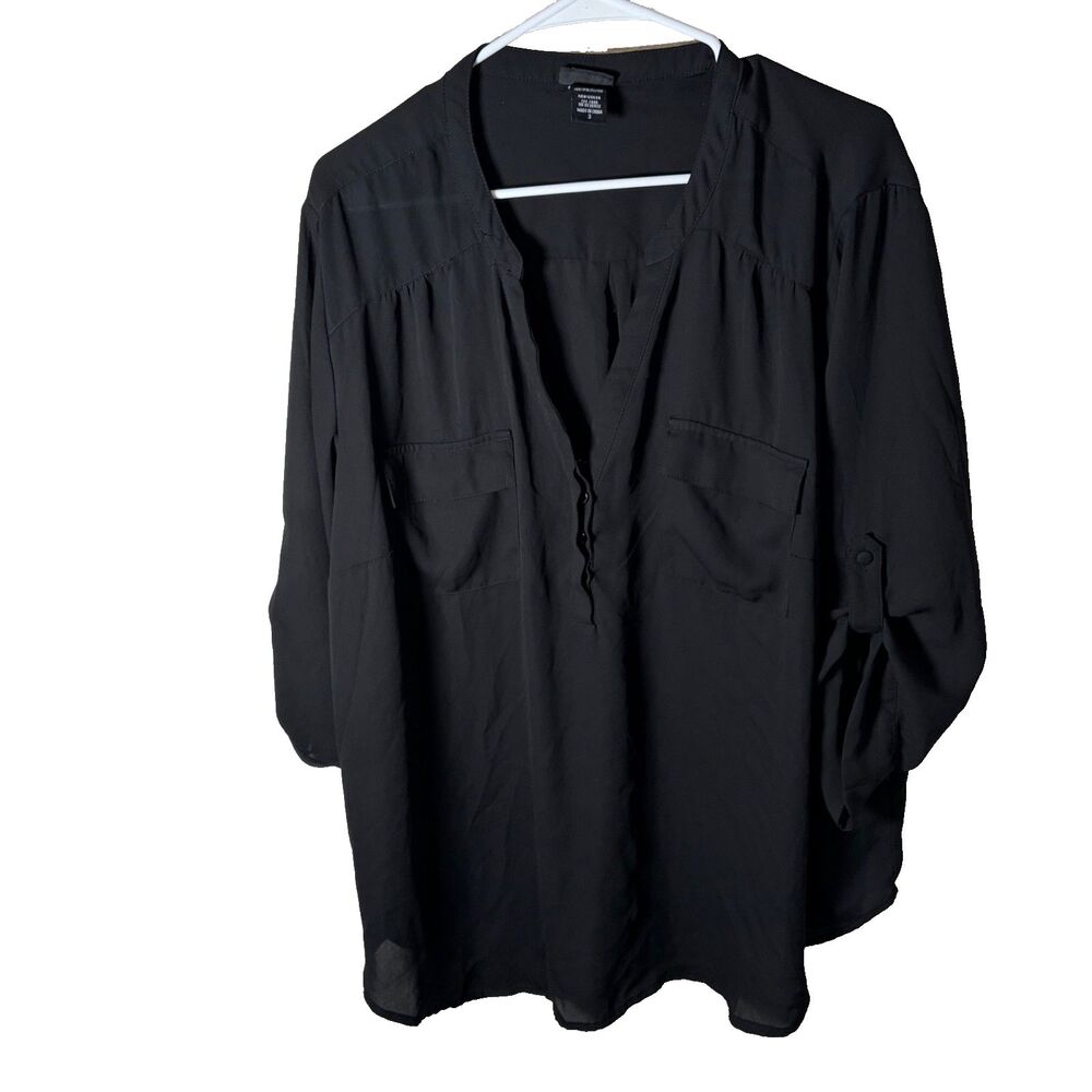Torrid Blouse Women's 3 Black Popover 3/4 Sleeve Pocket Lightweight 3X Top